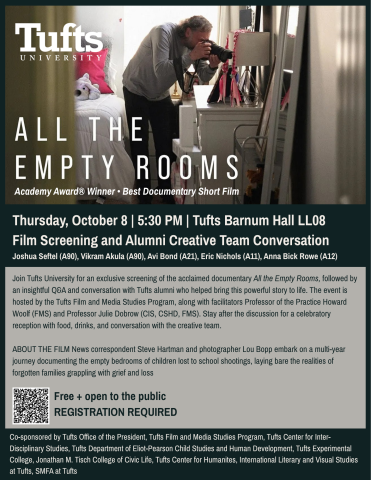 poster with photographer in a bedroom on top, and text in black on grey background below