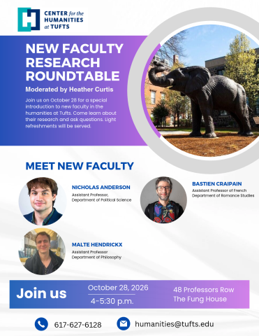 poster featuring picture of elephant on top, and photos of new faculty in middle. Text is in purple boxes at top and bottom