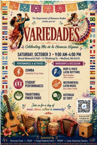 poster featuring dancers on top, and musical instruments on the bottom, and graphical images in red, yellow and blue