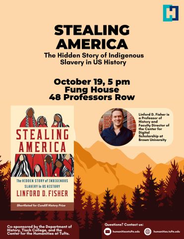 poster with image of mountains and trees, with book picture and image of Lin fisher in middle