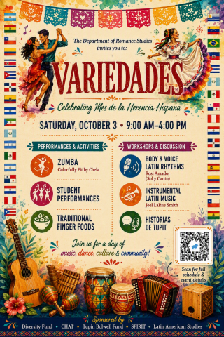 poster with flags along sides, dancers in background and musical instruments with text in many colors in middle