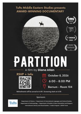 Black flyer with white text and photo in middle of a person on a horse in the dessert