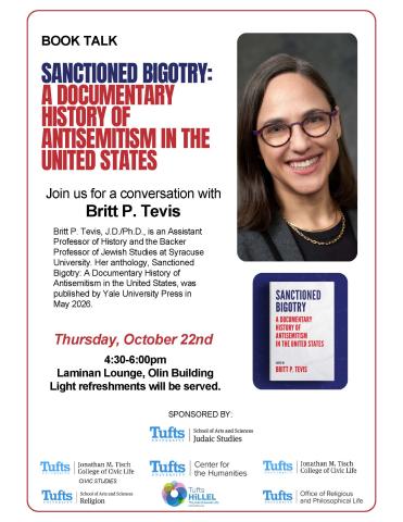 poster with photo of author and book on right, text in blue, red, and black on left