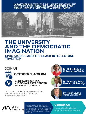 flyer featuring tufts photo on top, with blue text boxes and photos of speakers on right