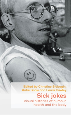 black and white photo of man with tubes in his nose with red text in a white box at the bottom