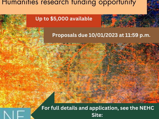 abstract paint splatter with text "humanities research opportunity; up to $5000 available"