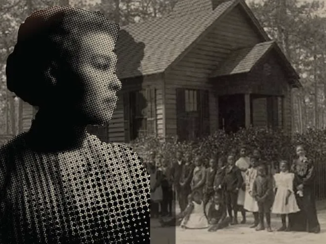 Ellen Garrison in profile, with photo of her family and house behind her