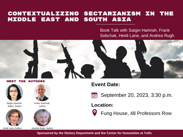 alternate Satgin Hamrah event poster, with author faces and photo of sectarian fighters