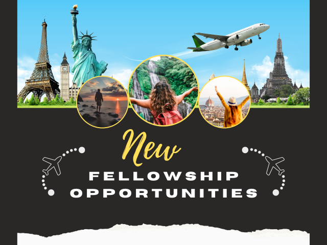 flyer featuring world landmarks, an airplane and people celebrating