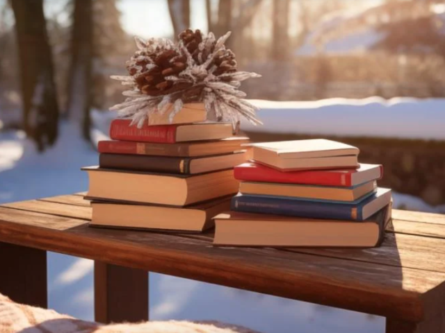 pile of books on wooden table outdoors in the snow