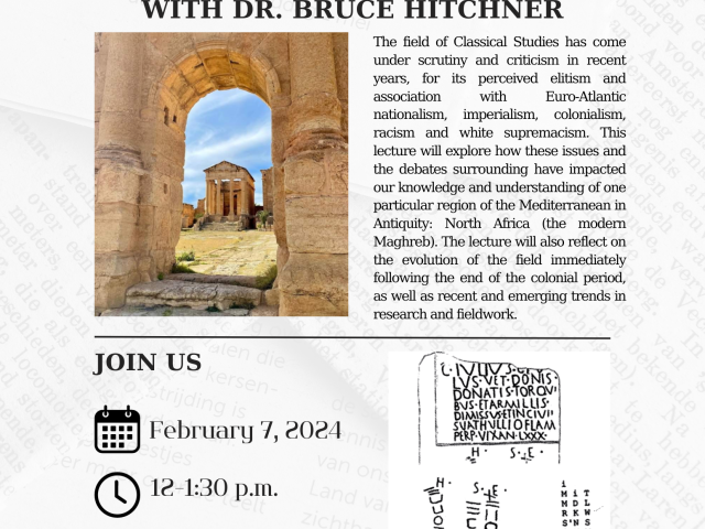 flyer featuring newspaper-style event advertisement with photo of columns and ancient text