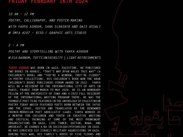 red text on black background with outlines of children