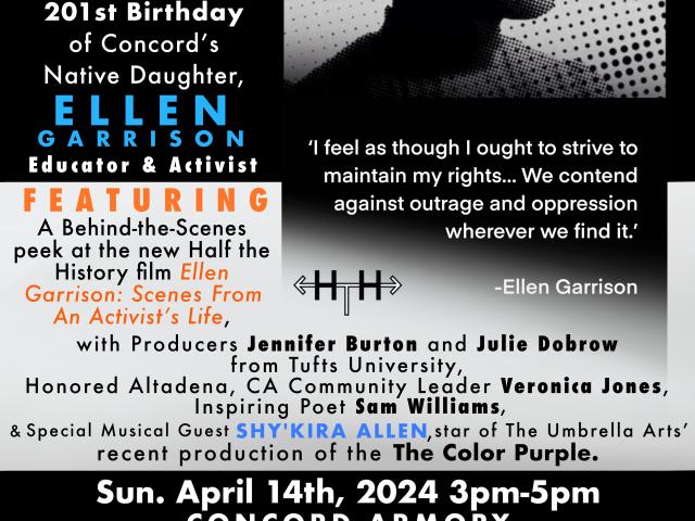 flyer with Ellen Garrison in profile, and lots of text in black and white