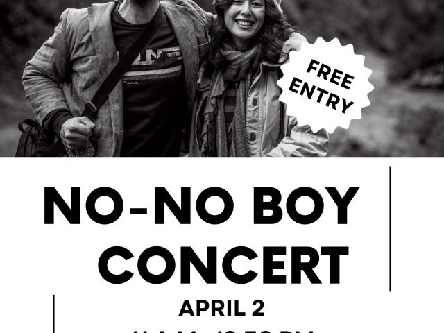 flyer featuring black and white photo of a couple smiling