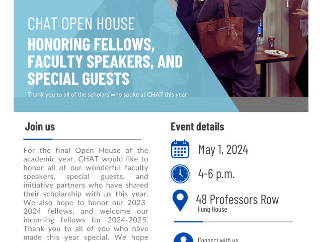 flyer with picture of people talking at a reception