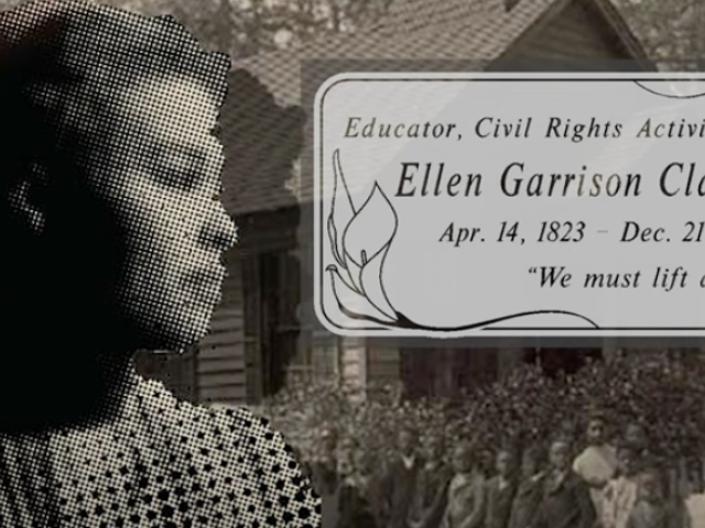 Ellen Garrison in profile, with photo of her family and house behind her