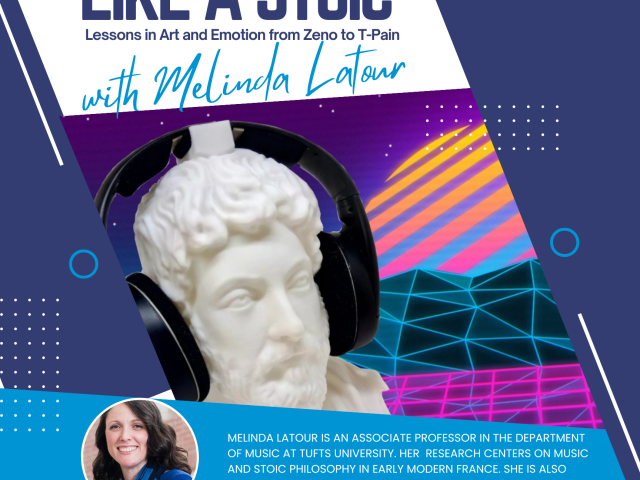 poster with philosopher statue wearing headphones