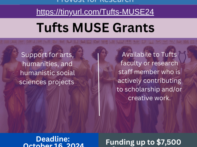 flyer with painting of the greek muses and text in purple, blue and pink