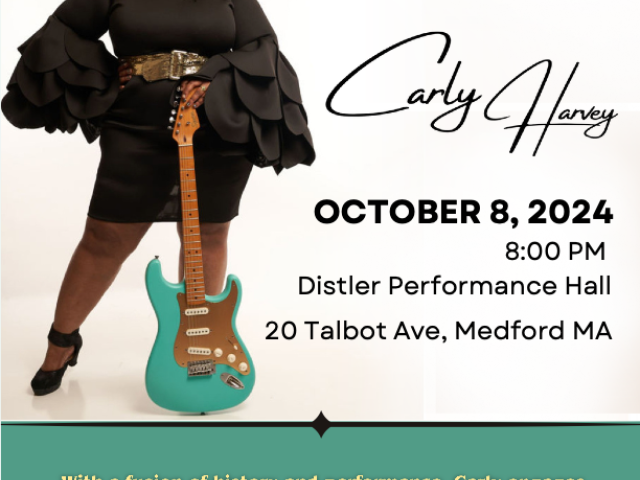 flyer with Carly Harvey holding a guitar, and text in black and green