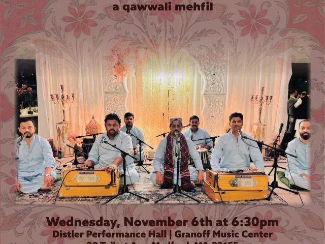 sufi men with instruments and microphones singing while seated, on pink background