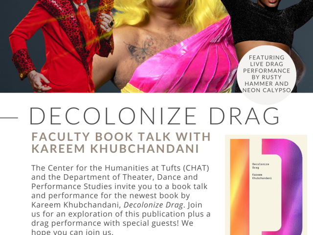 poster featuring three drag queens and the book cover for Decolonize Drag