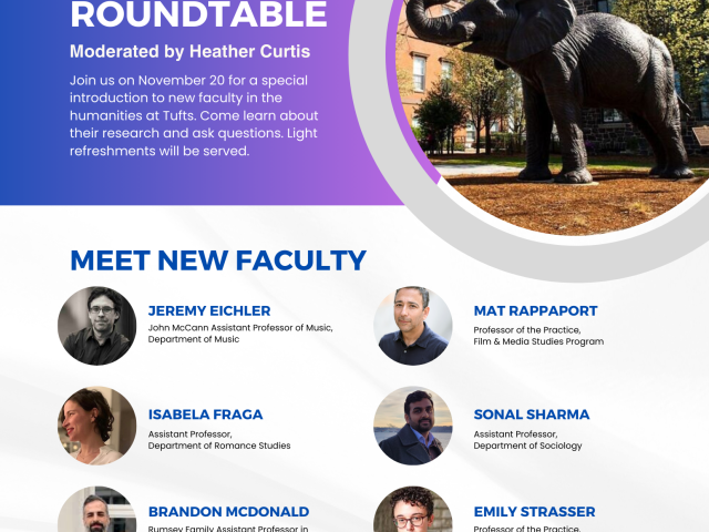 flyer featuring six faculty profile pictures and the tufts elephant statue