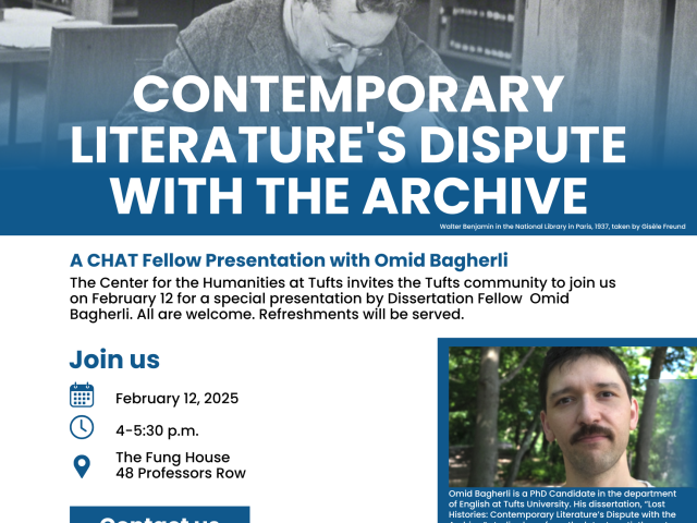 flyer featuring text plus image of a guy sitting at a desk with books behind him