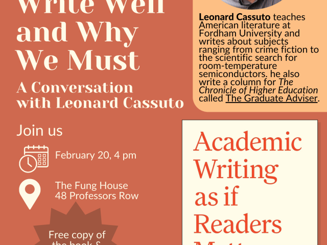 poster in orange with Leonard Cassuto profile picture and book cover for his book