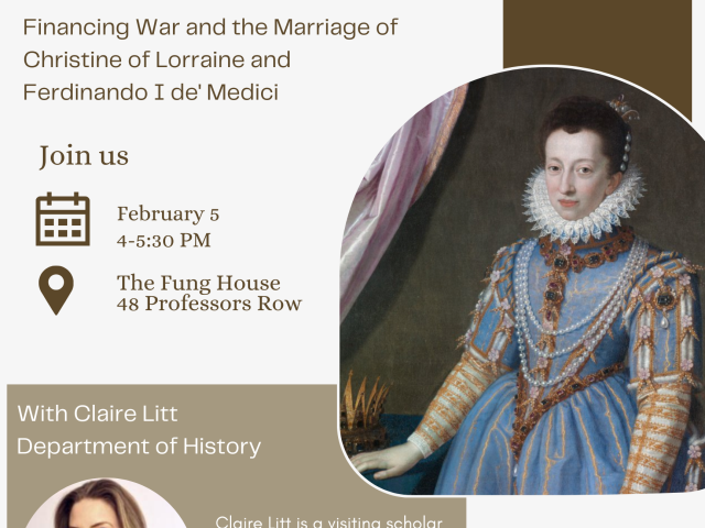 poster featuring a renaissance painting and a photo of claire litt, plus text in brown