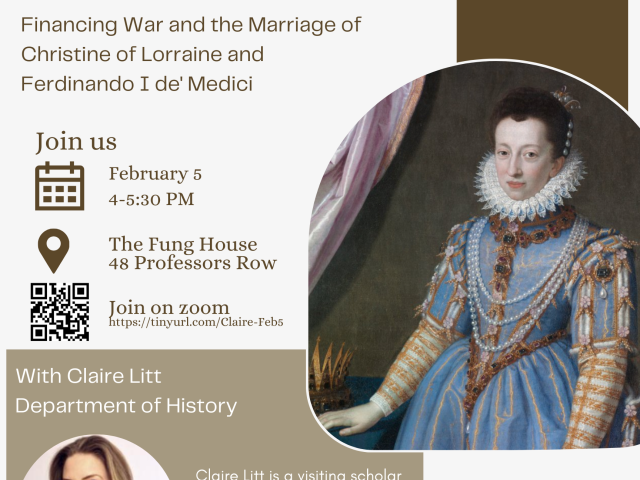 poster featuring renaissance painting and photo of Claire Litt plus text in brown