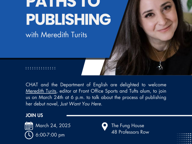 Blue poster with white text and photo of Meredith Turits in right corner