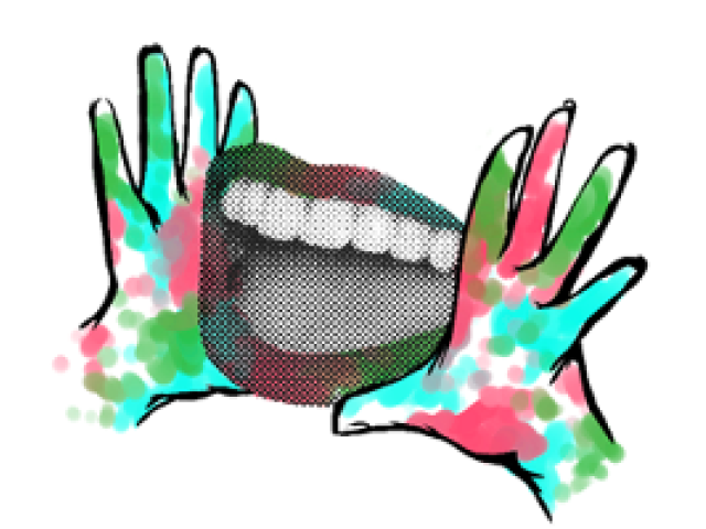 multicolored hands amplifying a smiling mouth in grey