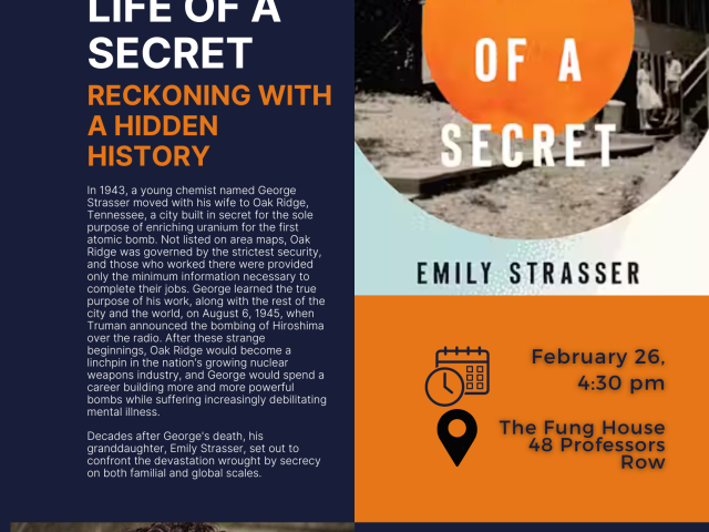 poster with blue background, the book cover and profile photo of Emily Strasser