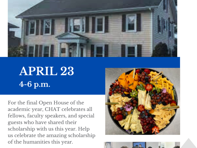 flyer featuring building on top, a cheese plate and crowed on right and text on left