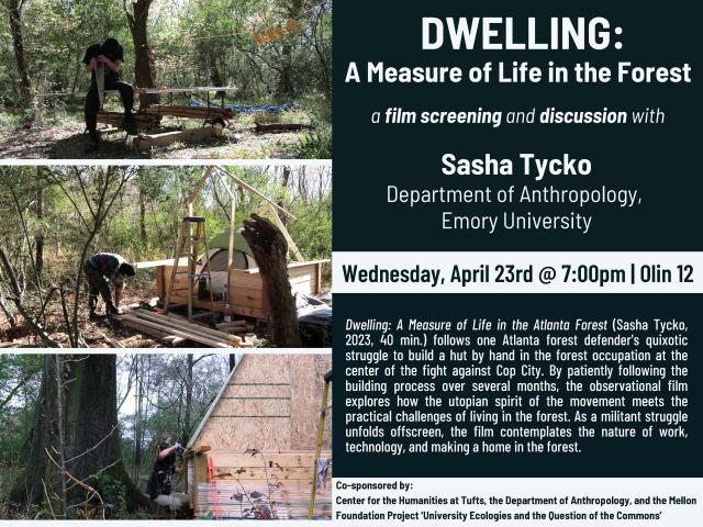 poster with photos of a forest on left and white text on black background on right