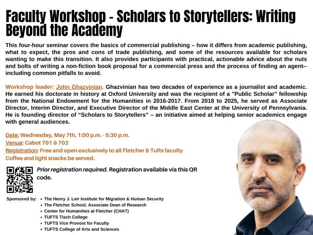 flyer with black & orange text on white background with mans face in right corner