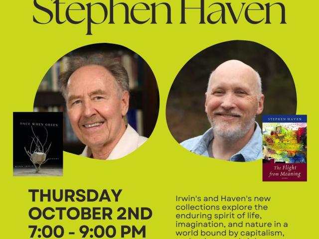 green poster with photos of Mark Irwin and Stephen Haven in center with text in black