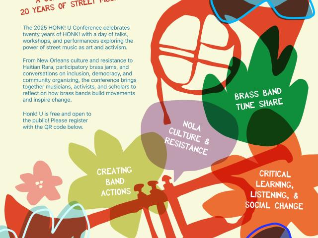 poster with pale yellow background, colorful drawn flowers and instruments, and text in red and blue