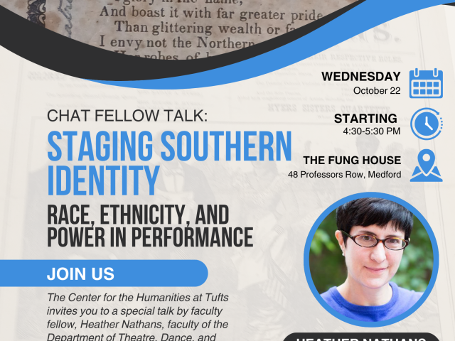 poster in tan and blue, with old flyer on top, and Heather Nathans photo in center, with text in blue and black
