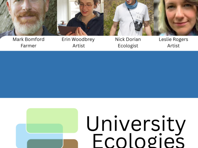 flyer with 4 photos of speakers on top, and university ecologies logo on bottom