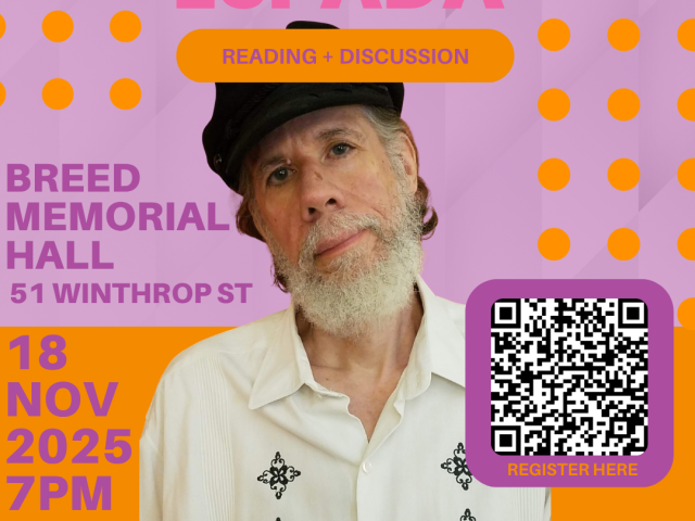 photo of Martin Espada on pink and orange background, with purple text