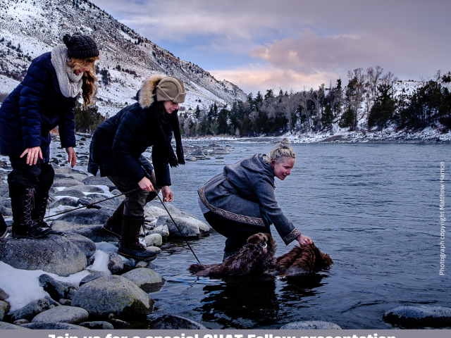 poster featuring three people crouched at a riverbank, holding a pelt, in a snowy landscape, with text in white