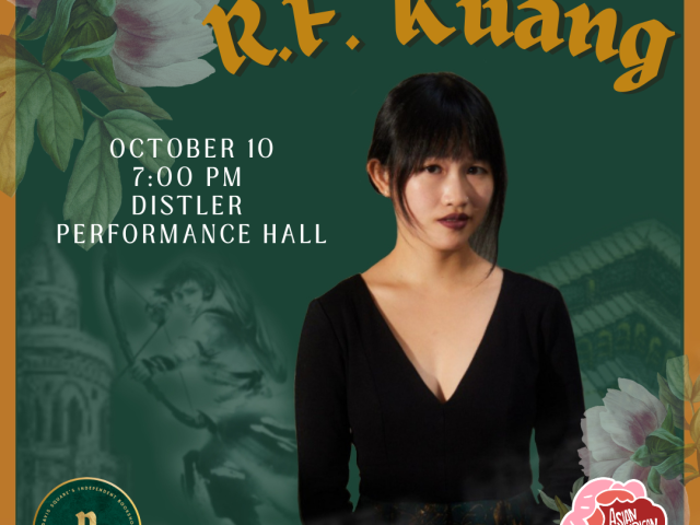 photo of RF Kuang on a green background with flowers and an archer in the background