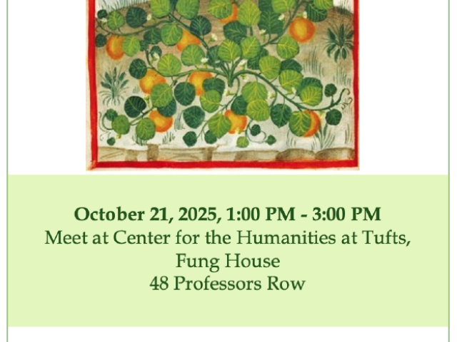 poster with picture of pumpkin patch on top, and text in green on bottom