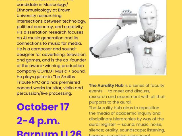 Yellow backgound, black text and purple header, with photo of robot holding a paper cup to ear