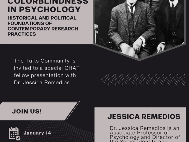 poster with black background and grey text and photo of psychologists in right corner
