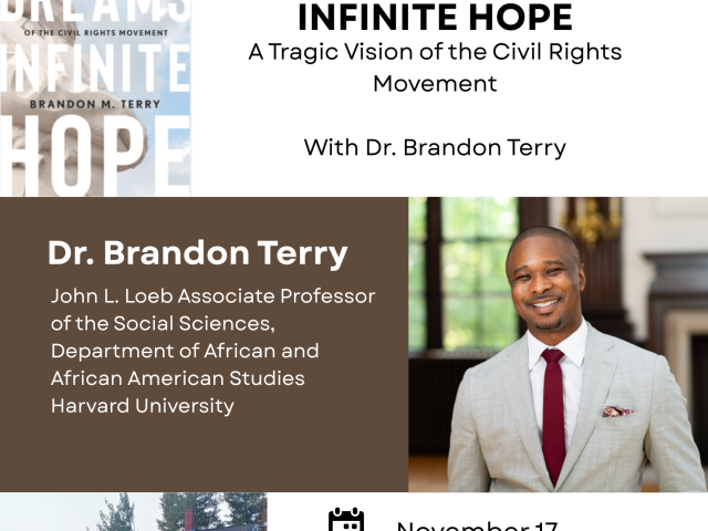 poster with book cover, and author face, and event location with text in black