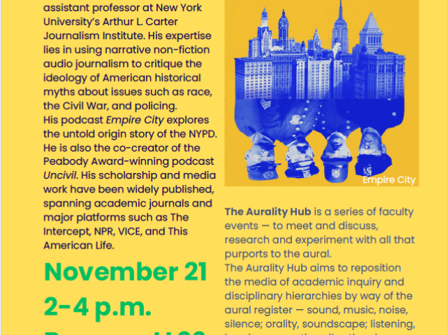 yellow poster with black text and blue picture of buildings and people