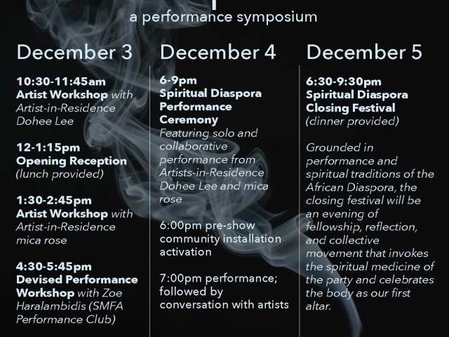 poster with incense smoke image on black background and text in light blue