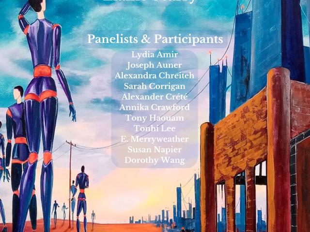 picture of large robot statues and industrial buildings at sunset